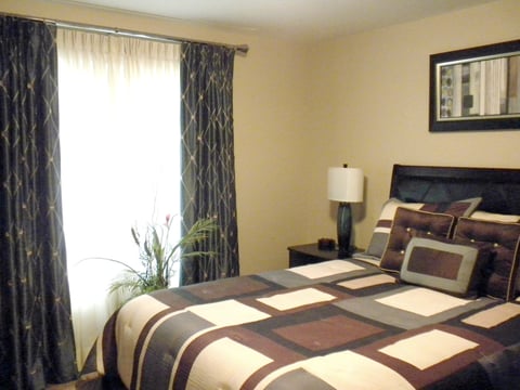 A nice mix of masculine and feminine in this room. The sheers and drapery offer all the light control and privacy the gentleman client wanted.