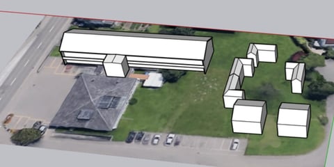 Alternativ-Standort 1: Simulation Temporärbau hinter dem neuen Gemeindehaus.