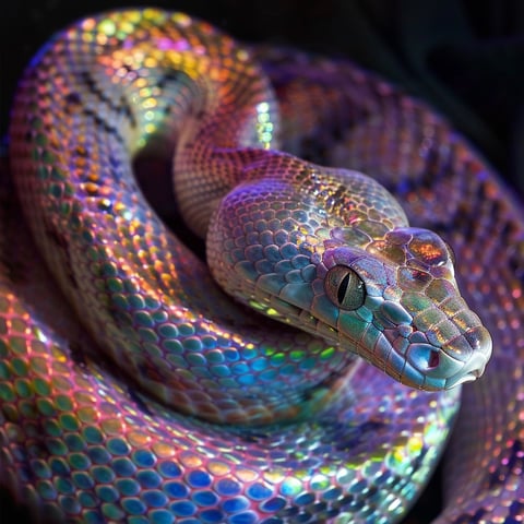 Eine schlange mit irisierender Färbung ist zusammengerolt zu sehen