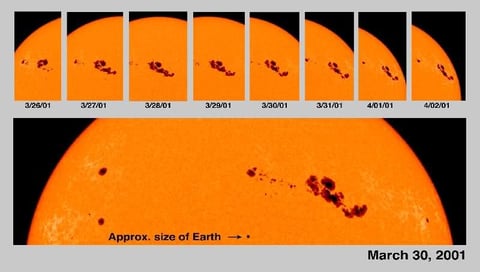 Sonnenflecken - auch im Größenvergleich mit der Erde (Bildquelle NASA)