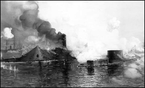 Le Merrimac et le Monitor lors du combat rapproché (cliquer sur l'image)