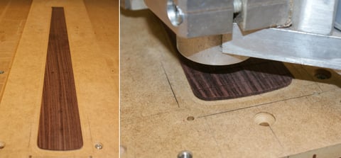 Jetzt wird das das Griffbrett aus Palisander angefertigt. Die Bundschlitze werden aber noch nicht auf volle Tiefe gearbeitet.