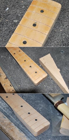 Nach dem der Lack ab ist und der Griffbrettradius nachgebessert wurde, beseitige ich noch den kleinen Schaden unter dem Dot. Dazu wird ein kleines Stück Canadischer Ahorn eingeleimt.