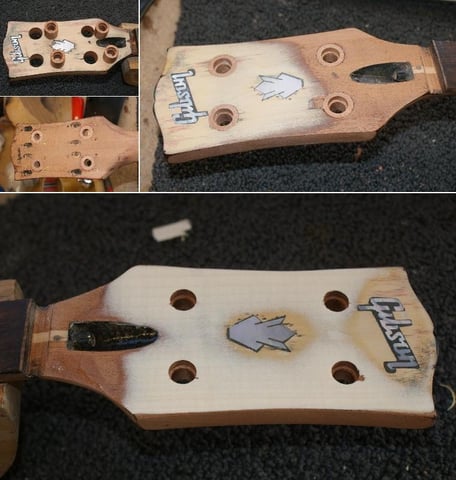 Um die Originaltuner wieder montieren zu können, müssen die Bohrungen verpropft werden. Um später die leimstellen um die Löcher nicht zu sehen, muss die ganze Kopfplatte entlackt und mit einem dünnen Furnier wieder belegt werden.