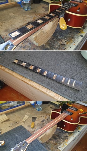 Zuerst wird das Griffbrett und der alte Halsstab entfernt