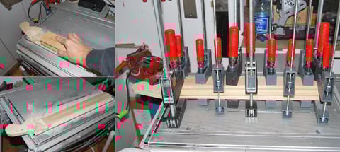 Nach dem Feinschliff des Radius, wird das Griffbrett aufgeleimt.