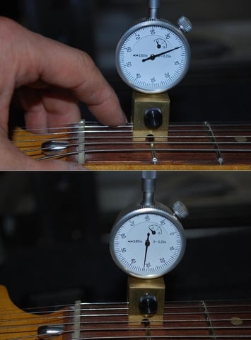 Nach dem einkerben wird die Saitenlage optimiert. Hier muss noch einiges tiefer gekerbt werden.