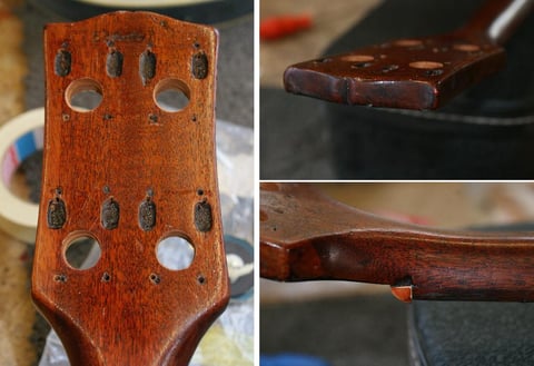 Die Kopfplatte wurde für die Tuner aufgebohrt. Leider mit riesigen Löchern.