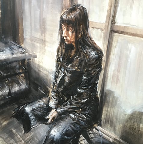 alessandro papetti, "ritratto nello studio", 2000, 205 x 123 cm, oil on canvas – erlas galerie