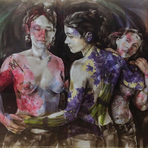 raffaella busdon "tre grazie in fiore", 2016, collage und öl auf polykarbonat, inkl. rahmen 105 x 118 cm – erlas galerie