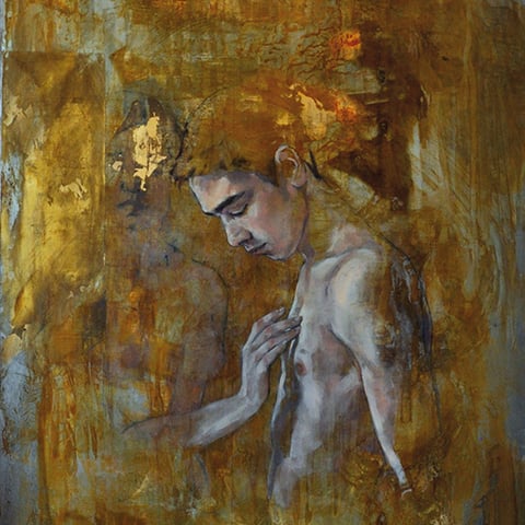 raffaella busdon "interaction 06 nikolas", 2019, öl auf oxidiertem eisen, 100 x 66 cm – erlas galerie