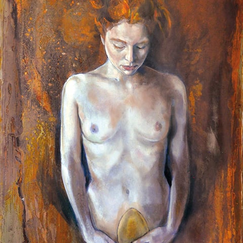 raffaella busdon "nascita nell‘età dell‘oro", 2020, öl & blattgold auf oxidiertem eisen, 101 x 67 cm – erlas galerie