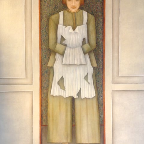 michou hutter, "figur mit schürze", 2012, 90 x 65 cm, öl auf leinwand – erlas galerie