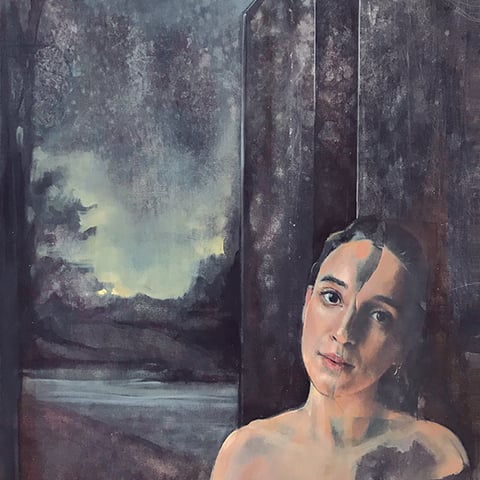 raffaella busdon "l'oro che nutre", 2021, oil & collage on canvas paper, 74 x 57 cm – erlas galerie