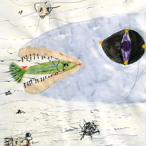 tone fink, "großer schluckt kleinen", 29,7 x 21 cm, 2009/10, mischtechnik auf papier – erlas galerie