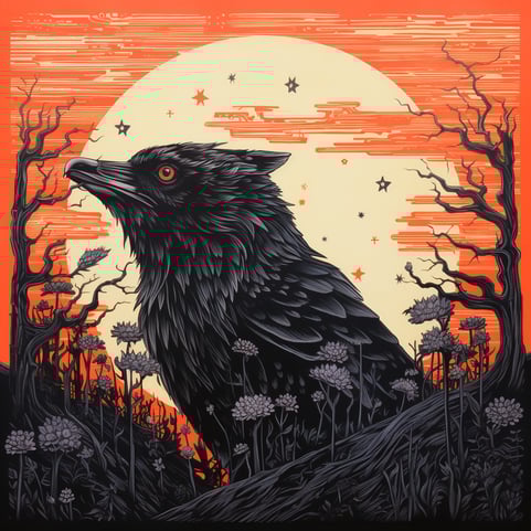 Die Illustration eines Raben ist zu sehen, er hat rote Augen und ist umgeben von schwrzen und gräulichen Blumen, Gräsern und kleine blätterlose Bäume, im Hintergrund ist ein gelber Mond zu sehen auf orangem Hintergrund, mit strichförmigen orangen Wolken