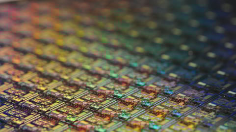 Silicon wafer. Each square is a chip with microscopic transistors and circuits.