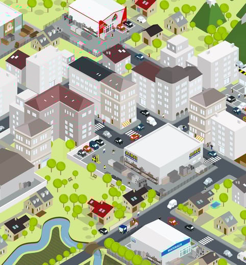 illustration Samse axonométrie aplats de couleurs ville