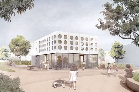  Gemeinschaftshaus Quartier Gieselbertstraße Stadt Buxtehude Holzbau Massivholz Aluminium Fassade Öffentliches Gebäude Gemeinschaft Sozial Kultur Service NewWork