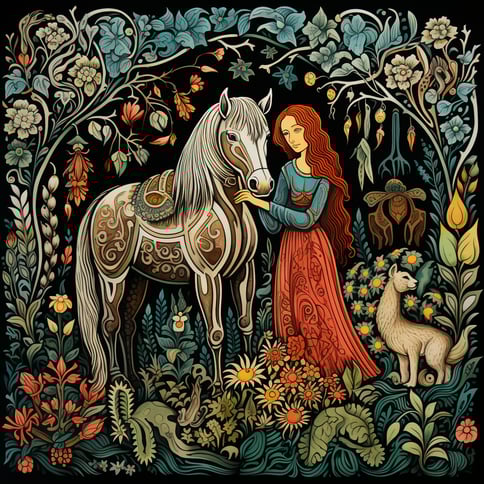 Eine Dame steht mit einem Pferd in Blumen und Ranken, im Stil von Märchenillustrationen, dunkelgrau, bunte Holzschnitzereien, keltische Kunst, romantische Illustration, Bilderbuchillustration, Märchen