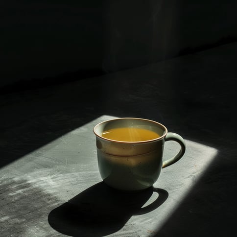 Eine weisse Tasse gefüllt mit einer gelben Flüssigkeit steht auf einem schwarzen Bod, es scheint das Licht vom Fenster auf die Tasse und hinterlässt einen langen Schatten der Tasse, der Hintergund ist auch schwarz