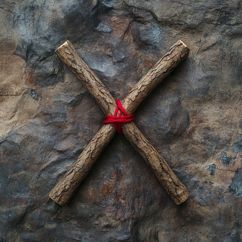 Eberschenkreuz rowan cross liegt auf einem grauen steinernen untergrund, eher dunkel gehaltene photographie