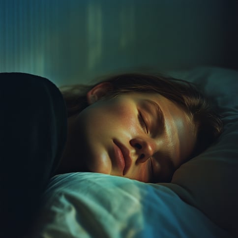 Porträt einer schlafenden Frau im Bett, Nahaufnahme, dunkler Raum, natürliches Licht, hyperrealistische, filmische Beleuchtung, hohe Auflösung, sehr detailliert, Tiefwinkelansicht.