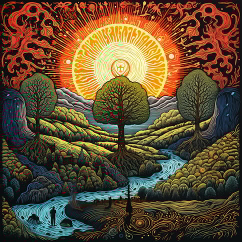 Gemälde der Erde mit Bäumen und Wasser im Hintergrund grosse Sonne komplizierter Holzschnittmuster, Götterstrahlen, figurativer Kolorismus, leuchtende Landschaftsmalerei, dunkles Orange und Smaragd, äußerst detaillierte Illustrationen, epische Landschafte