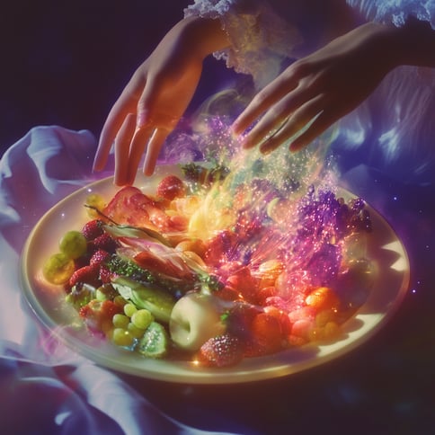 Ein Teller mit buntem Obst und Gemüse wird von den Händen einer eleganten Fee gehalten, von deren Fingern Lichteffekte ausgehen. Die leuchtenden Farben der Lebensmittel erzeugen einen Aura-Effekt um sie herum. Der Hintergrund zeichnet sich durch sanftes L