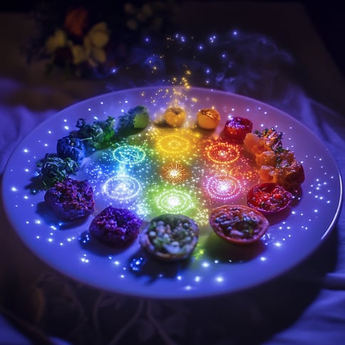 Ein weißer Teller mit leuchtenden, regenbogenfarbenen Speisen in der Mitte, einem Nachtsichteffekt, Fantasy-Stil, verträumter und romantischer Atmosphäre, einer Gruppe kleiner Früchte darauf, leuchtenden Halo-Effekten, einem Sternenhimmel-Hintergrund und