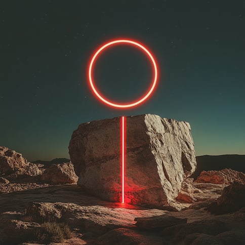 Ein roter Neonlichtkreis leuchtet nachts auf einem Felsen in der Wüste, umgeben von anderen Felsen. Die Komposition ist kreisförmig und von minimalistischer Ästhetik. Hierbei handelt es sich um ein hochauflösendes, scharf fokussiertes Foto mit hohem Detai