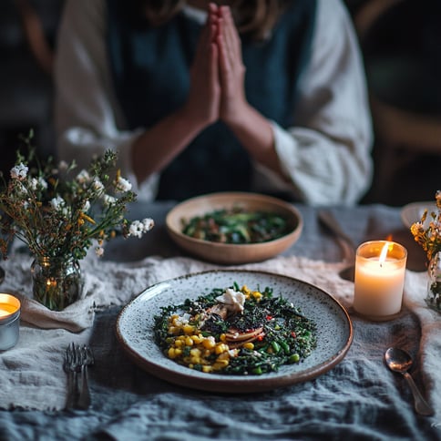 Ein Foto von jemandem, der mit zum Gebet gefalteten Händen am Esstisch sitzt. Auf dem Teller gibt es Essen und Kerzen, eine Schüssel voller Gemüse, Mais und Pilze und eine Vase voller Blumen. Die Stimmung wirkt düster, aber gemütlich, mit natürlichem Lich