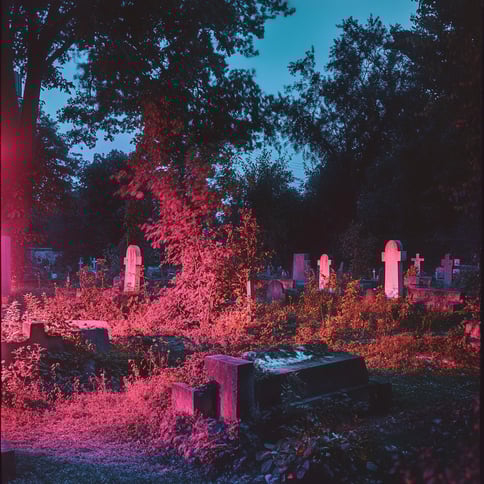 Ein Friedhof bei Nacht mit rosa und blauen Lichtern, die eine eindringliche, hyperrealistische Atmosphäre schaffen. Die unheimliche Szene ruft ein Gefühl des Grauens hervor, als würde der Betrachter in eine Welt jenseits des Reiches der Lebenden versetzt.