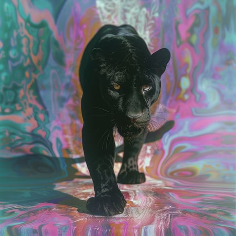 Der schwarze Jaguar läuft auf farbigem Hintergrund das aus blauen, pinken, grünen, braunen und weissen farbwischereien besteht