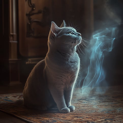 Eine russische blaue Katze sitzt auf dem Boden und blickt zu einem unheimlichen, rauchähnlichen Geist auf, der vor ihr schwebt, fotorealistisch, filmische Beleuchtung, sehr detailliert.