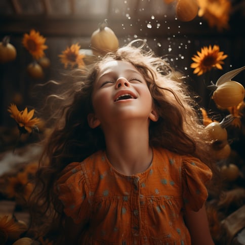 eine Blume, die auf ein kleines Mädchen fällt, im Stil fotorealistischer Fantasien, dunkles Gelb und Orange, temperamentvolle Porträts, Vray-Tracing, freudiges Chaos, verträumte Porträts