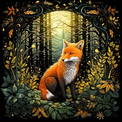 Ein Rotfuchs im Wald, im Stil extrem detaillierter Illustrationen, Neon-Jugendstil, detaillierte Flora und Fauna, goldenes Licht, Traumlandschaftsporträts, dunkles Weiß und Orange