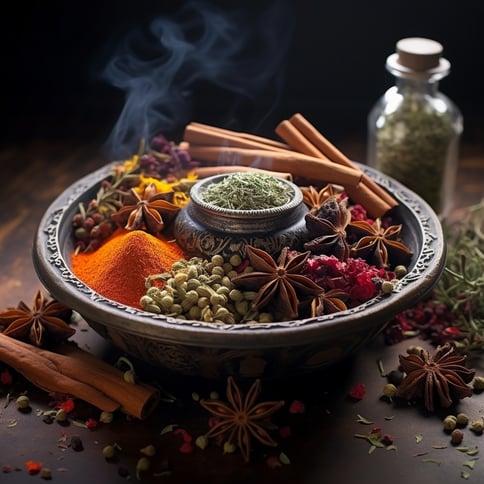 Eine silberne Räucherschale gefüllt mit Kräutern und Gewürzen, Rauch steigt auf, auf der schwarzen Unterlage liegen verschiedene Gewürze und Kräuter, hinten steht ein Fläschen Gefüllt mit grünen Kräutern, Hintergrund ist schwarz