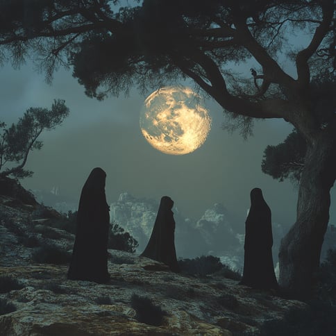 Drei verhüllte Gestalten stehen am Rande eines uralten Waldes und blicken zum Vollmond am Himmel. Fotorealistisch, filmisch, atmosphärisch und geheimnisvoll.