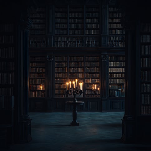 Eine dunkle Bibliothek, gefüllt mit riesigen Bücherregalen und dem warmen Schein von Kerzen. Die Szene hat eine fantastische, filmische Qualität mit einer fotorealistischen Liebe zum Detail. Die Atmosphäre ist voller Geheimnisse und Wunder