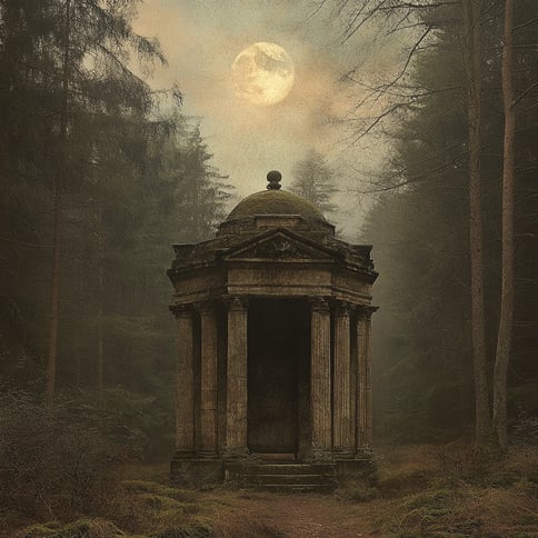 Ein kleiner Tempel im antiken griechischen Stil steht mitten in einem alten Wald, eingehüllt in Nebel und Mondlicht. Durch die unheimlichen Schatten, die auf die Steinmauern geworfen werden, entsteht eine geheimnisvolle Atmosphäre.