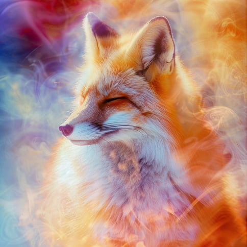 Ein Fuchsportrait, der Fuchs schaut nach links und hat seine Augen geschlossen, umgeben von hellen und knalligen Farbflecken lichtreflexen und weissem rauch,rot magenta, violett, blau, hell blau, weiss und gelb