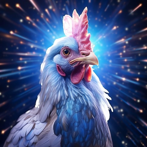 Ein weisses Huhn mit blauen Feder steht vor einem dunkel blauem Hintergrund mit hellblauem Kreis verlauf, davon gehen helle strahlen aus