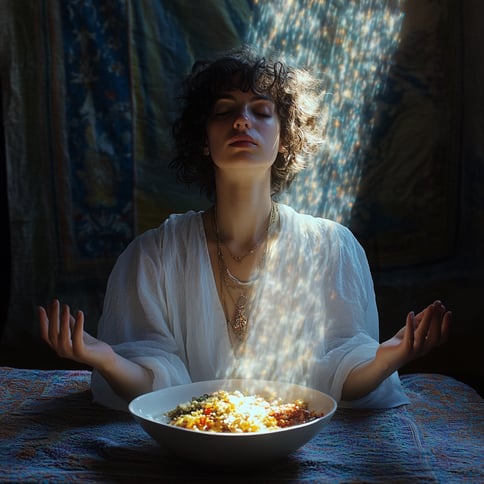 Eine Frau meditiert mit ausgestreckten Händen, sitzt an einem Tisch vor einer offenen Schüssel voller Essen und Licht, das von oben scheint. Der Hintergrund ist dunkelblau mit Vorhängen. Porträtfotografie. Eine schöne Frau mit mittellangem, lockigem Haar