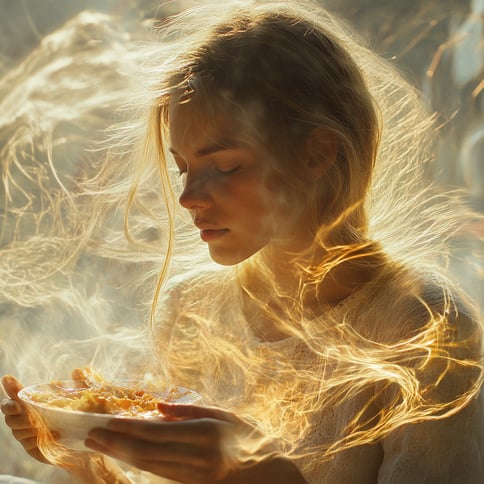 Eine schöne Frau mit langen goldenen Haaren und einem weißen Kleid, die aus einer Schüssel in ihren Händen isst. Die Szene zeichnet sich durch dynamische Beleuchtung aus, wobei Lichtstrahlen eine fantasievolle, filmische und ätherische Atmosphäre schaffen