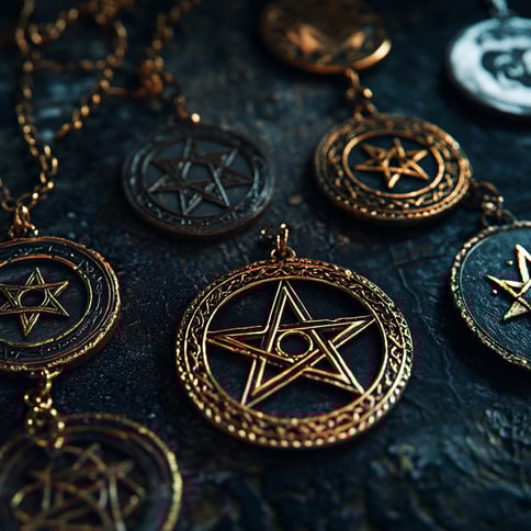 Entagramm-Anhänger in verschiedenen Größen und Stilen vor dunklem Hintergrund, in einem antiken Stil mit geheimnisvollen Symbolen, aufgenommen durch Makrofotografie mit hoher Auflösung. Die detaillierte Textur und der metallische Glanz 