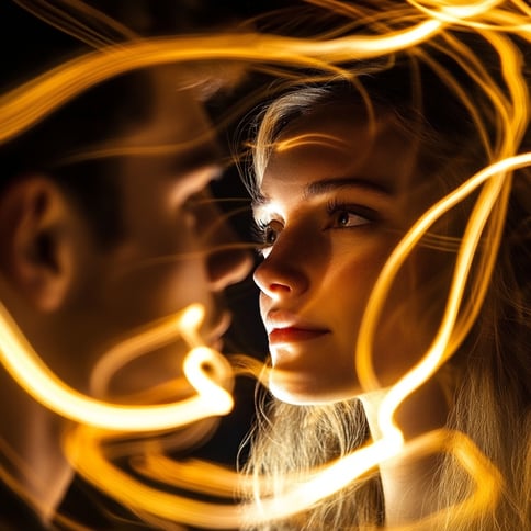 Eine junge Frau und ein verliebter Mann, Lichtmalerei-Fotografie, wirbelnde goldene Lichter um ihre Gesichter, Bewegungsunschärfeeffekt, dunkler Hintergrund, wunderschöne Lichteffekte, verträumte Atmosphäre, Nahaufnahmeporträt, Stimmung.