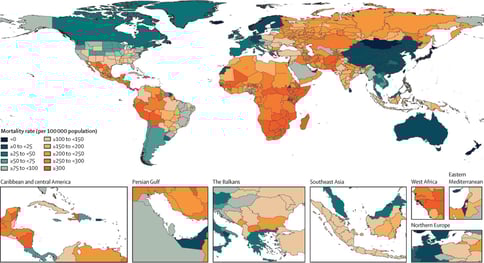 Répartition mondiale des taux de surmortalité standardisés selon l’âge dus à la pandémie de COVID-19, 2020 et 2021 combinés