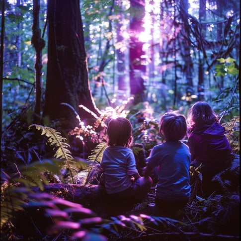 4 Kinder sind im Wald und sitzen auf dem Boden und schauen in den Wald hinein