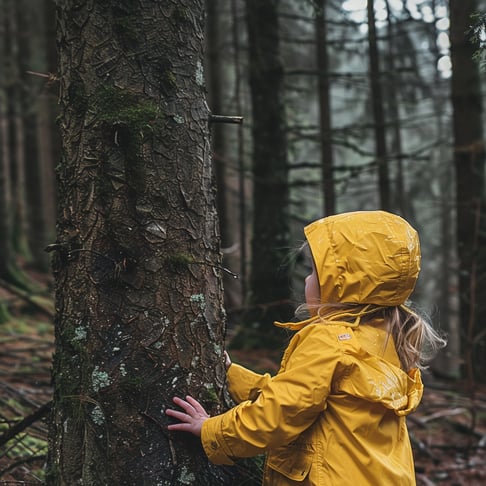 Ein kleines Mädchen in einer gelben Regenjacke steht vor einem Baum und berührt ihn, sie ist im Wald